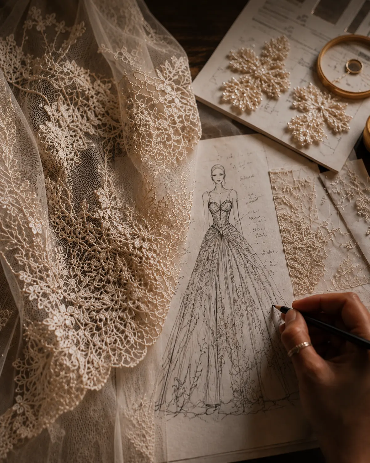 Sketching a gown beside lace samples and pattern notes