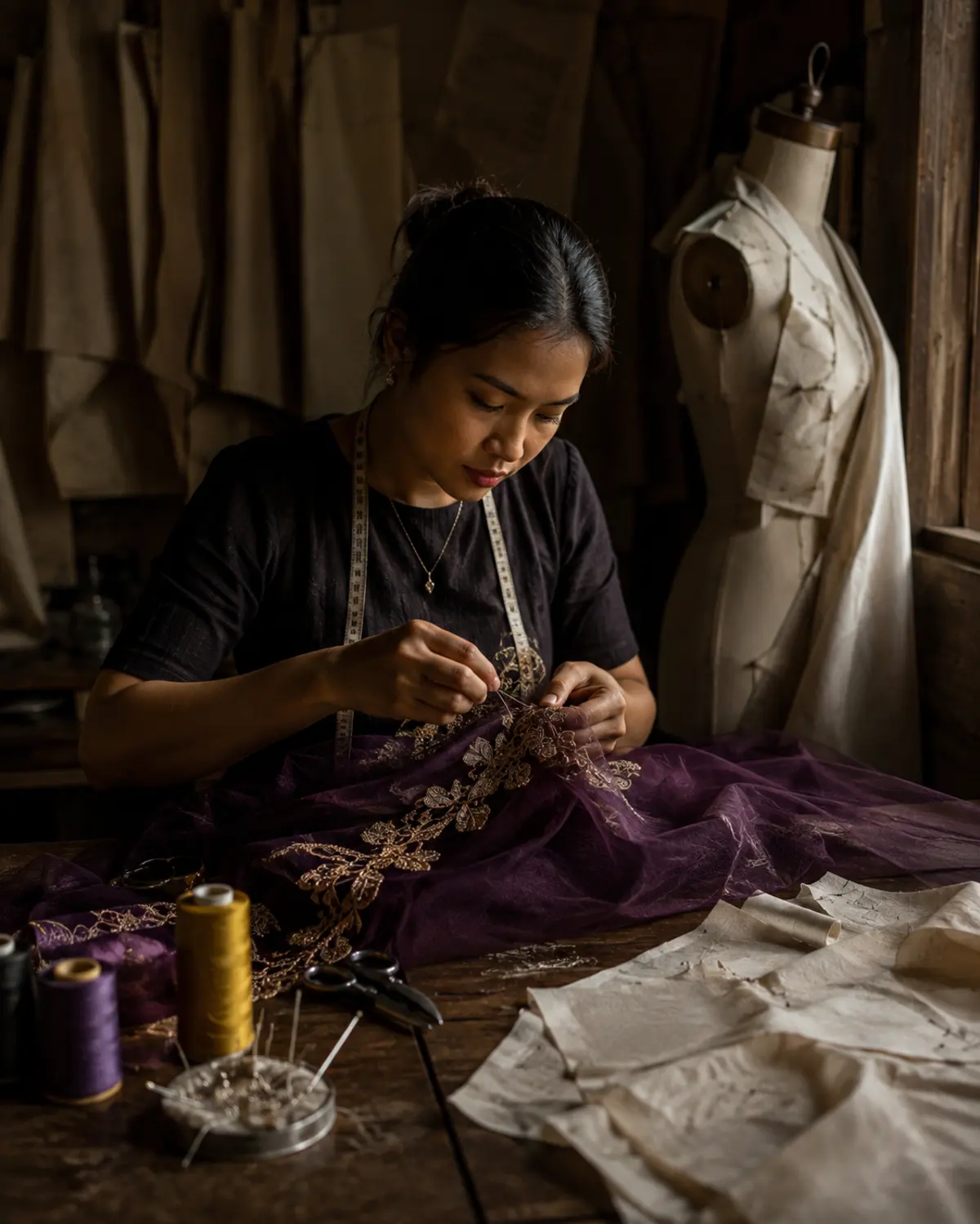 Hand beading in the Ari Couture workroom