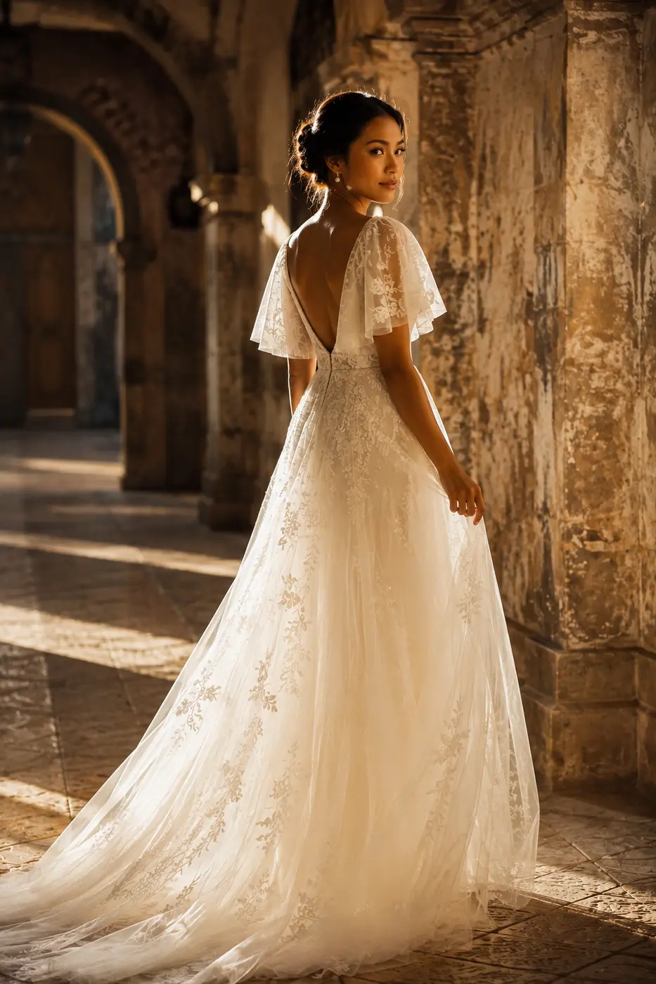 Bride in a lace and tulle gown by Ari Couture
